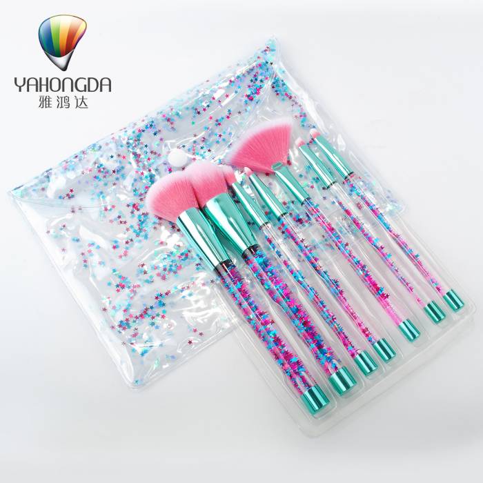 Popular 7 Pcs Glitter Cosmetic Custom Made Makeup Brush Set With Glitter Bag